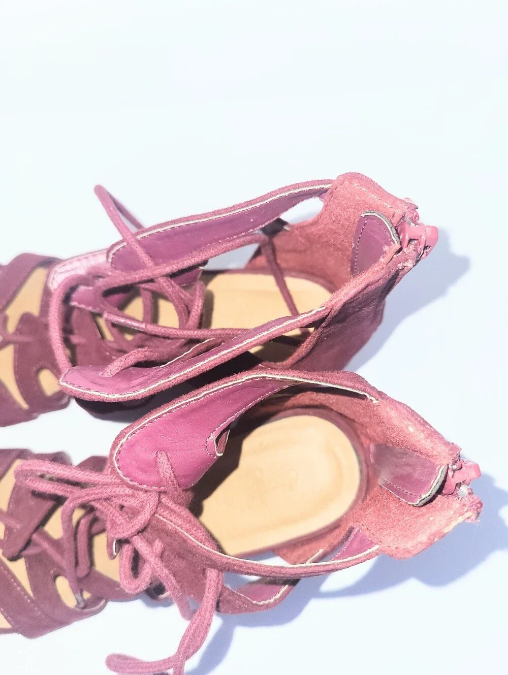 Charlotte Russe Burgundy Vegan Suede Lace Up Open Wedge Heel Size 9